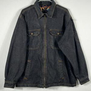 🔥 VINTAGE Duke Haband Aztec Flannel Lined Full Zip Black Denim Jacket Mens Larg